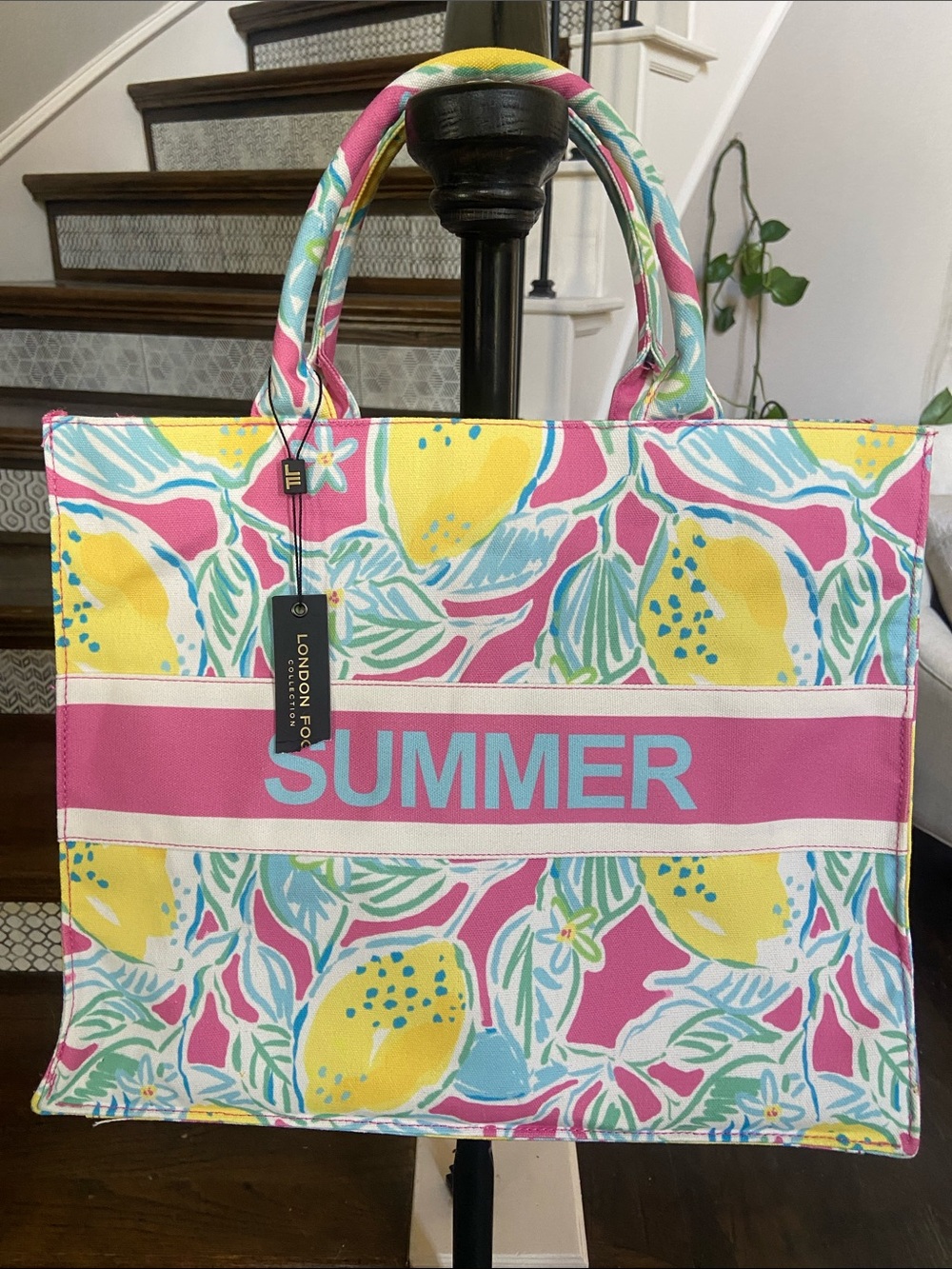 London Fog Tote bag with Lemon Print, and SUMMER banner, in Vibrant Colors.